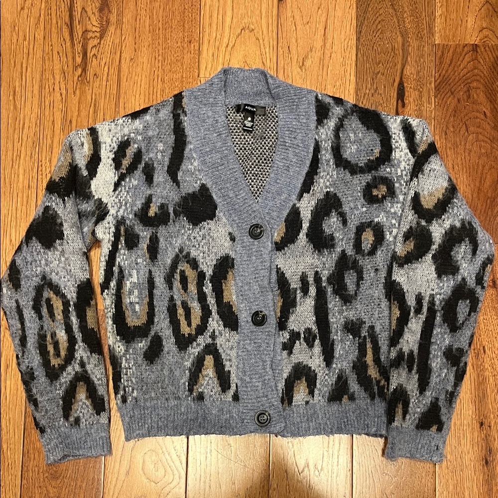 Aqua baby blue Leopard Print Cardigan